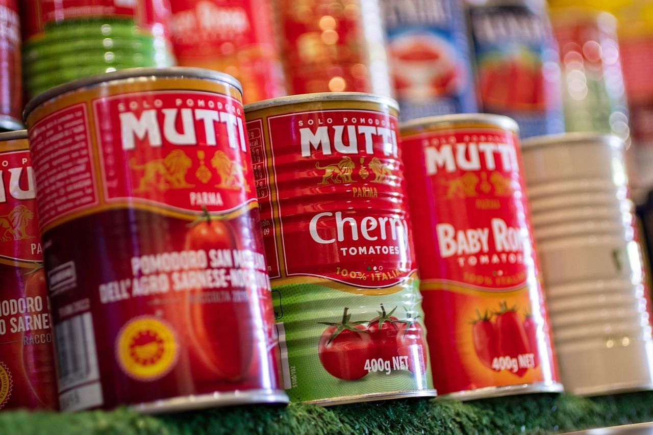 Canned goods lined up on a store shelf