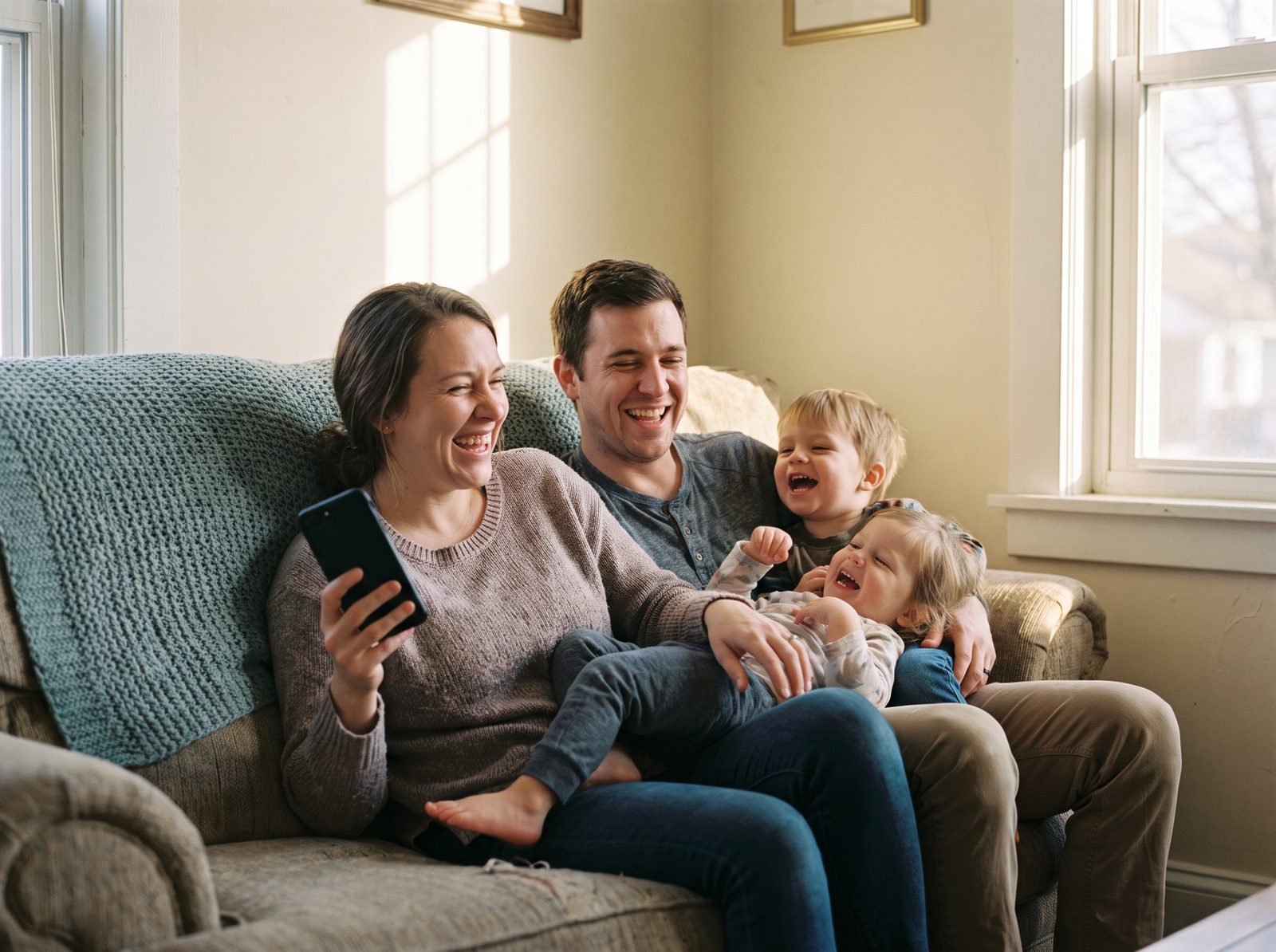 Parents and two kids relaxed on the couch at home