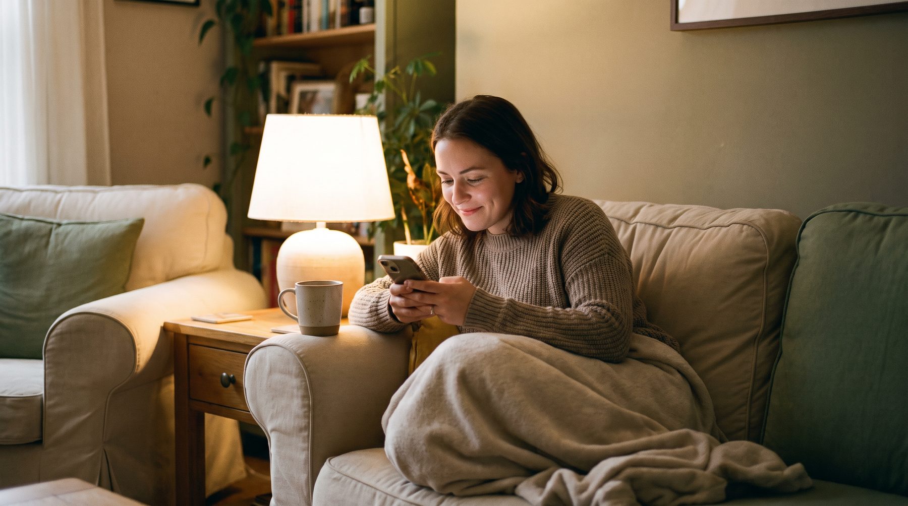A woman answering the short intake from her sofa